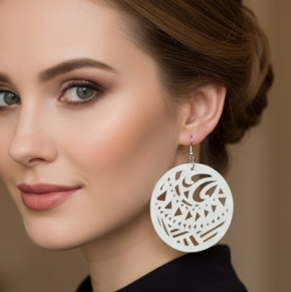 White African Wood Dangle Earrings, Bohemian Wood Geometric Dangle Earrings - Picture 1 of 7